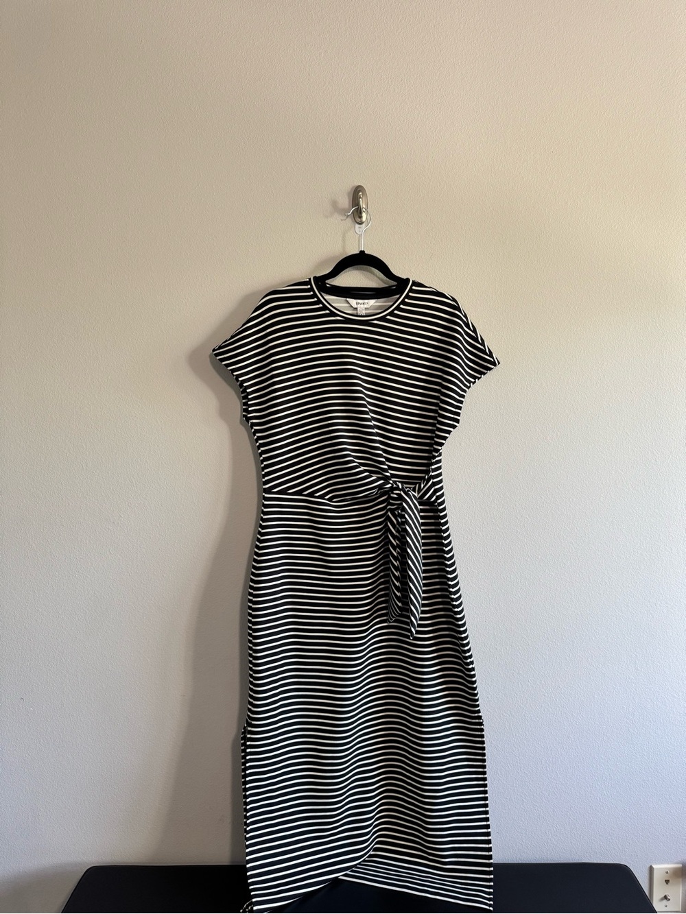 SPANX Black & White Striped Tie-Waist Midi Dress